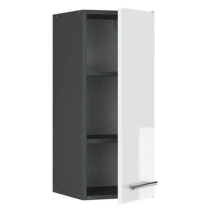 Vicco Schrankküche Fame-Line Weiß Hochglanz - Weiß Hochglanz, Hängeschrank 30 cm - Dunkelgrauer Wandschrank mit teilweise geöffneter weißer Tür, Innenregalen und Chromgriff.