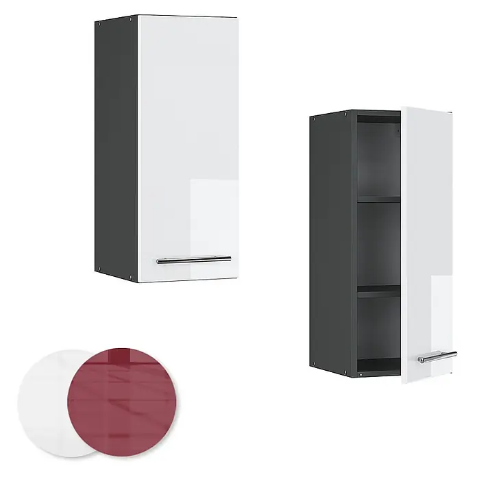 Vicco Schrankküche Fame-Line Weiß Hochglanz - Weiß Hochglanz, Hängeschrank 30 cm - Zwei moderne Hängeschränke mit weißen Fronten und dunkelgrauen Seiten, einer geschlossen, einer offen mit Regalböden. Inkl. weißen und roten Farbmustern.