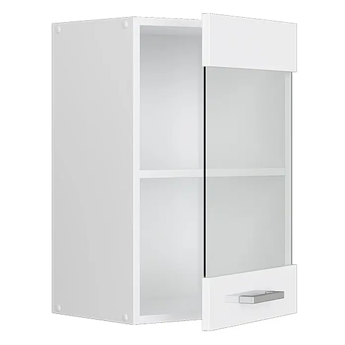 Vicco Schrankküche R-Line Weiß Hochglanz - Weiß Hochglanz, Hängeglasschrank 40 cm - Weißer Wandschrank mit zwei offenen Fächern und einer teilverglasten Tür mit silbernem Griff.