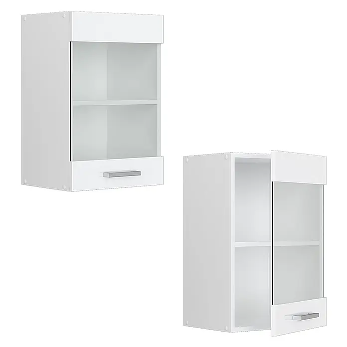 Vicco Schrankküche R-Line Weiß Hochglanz - Weiß Hochglanz, Hängeglasschrank 40 cm - Weißer Hängeschrank mit Glastür, Einlegeboden und Bodenschublade. Geschlossen und mit geöffneter Tür dargestellt.