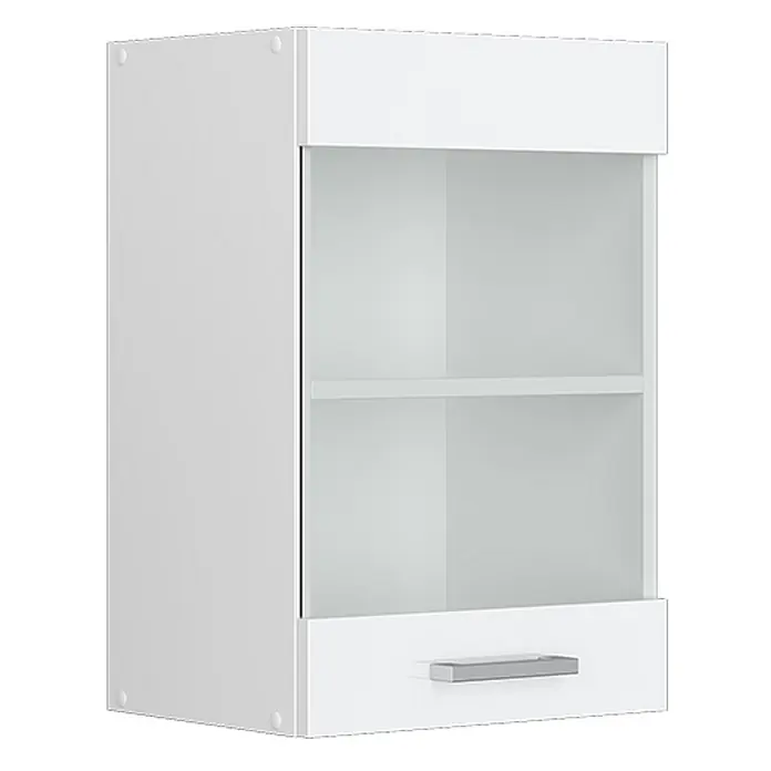 Vicco Schrankküche R-Line Weiß Hochglanz - Weiß Hochglanz, Hängeglasschrank 40 cm - Weißer Wandschrank mit offenem Regal und Schublade mit silbernem Griff.