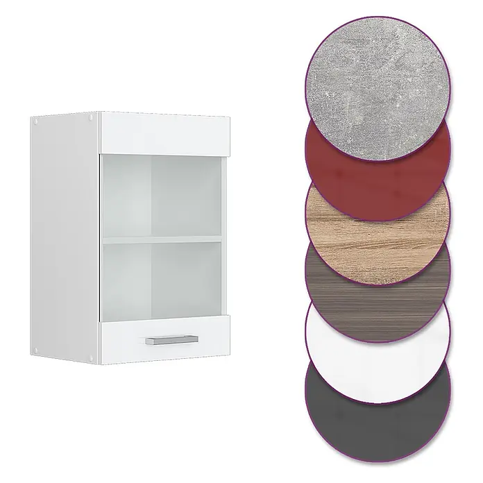 Vicco Schrankküche R-Line Weiß Hochglanz - Weiß Hochglanz, Hängeglasschrank 40 cm - Weißer Hängeschrank mit offenem Fach, Schublade und Materialmuster.