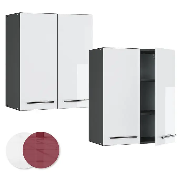 Vicco Schrankküche Fame-Line Weiß Hochglanz - Weiß Hochglanz, Hängeschrank 60 cm - Weiße Hochglanz-Küchenhängeschränke mit dunkelgrauen Seiten, Chromgriffen. Inkl. weißer u. roter Farbmuster.