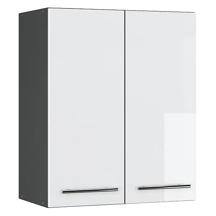 Vicco Schrankküche Fame-Line Weiß Hochglanz - Weiß Hochglanz, Hängeschrank 60 cm - Weißer Wandschrank mit zwei Türen, dunkelgrauen Seiten und verchromten Griffen.