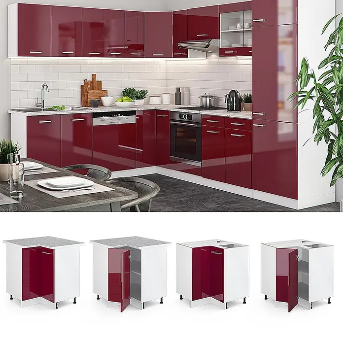 Vicco Schrankküche R-Line Rot Hochglanz ohne Arbeitsplatte - Rot Hochglanz, Eckunterschrank - Moderne L-förmige Küchenzeile mit hochglänzenden roten Schrankfronten, weißen Korpus und grauer Arbeitsplatte.