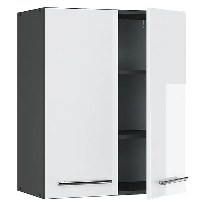 Vicco Schrankküche Fame-Line Weiß Hochglanz - Weiß Hochglanz, Hängeschrank 60 cm - Weißer zweitüriger Wandschrank mit dunkelgrauen Seiten und Chromgriffen. Eine Tür ist offen und zeigt Innenfächer.