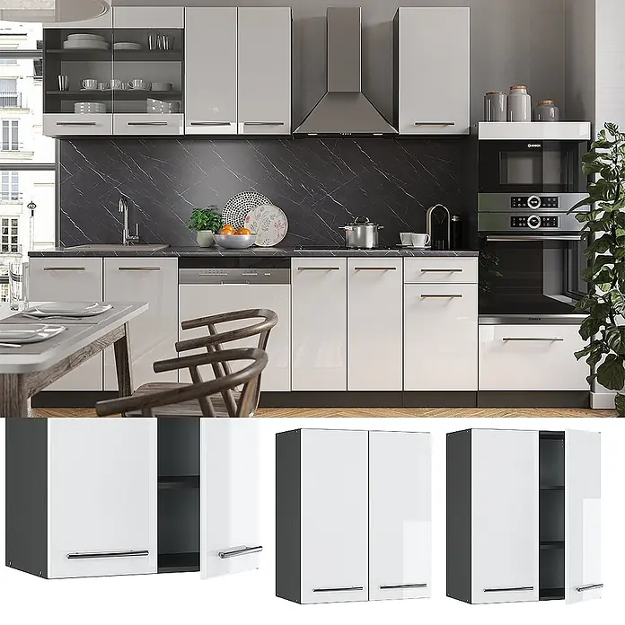 Vicco Schrankküche Fame-Line Weiß Hochglanz - Weiß Hochglanz, Hängeschrank 60 cm - Moderne modulare Küchenschränke mit weißen Hochglanzfronten und silbernen Griffen, in einer Küche installiert und als Einzelmodule.