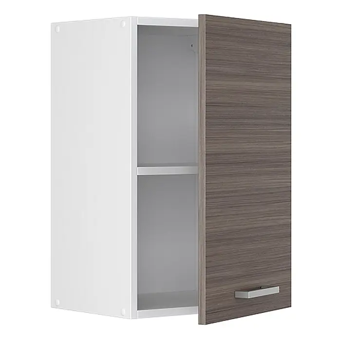 Vicco Schrankküche R-Line Edelgrau - Edelgrau, Hängeschrank 40 cm - Weißer Hängeschrank mit offen stehender graubrauner Holztür, innen ein Regalbrett und silberner Griff.
