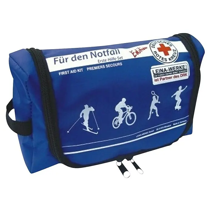 Leina-Werke Erste-Hilfe-Set "Sport und Freizeit" - 90 x 240 x 140 mm - Blaue Erste-Hilfe-Tasche mit Aufdrucken für den Notfall, ideal für Sportarten wie Skifahren und Radfahren.