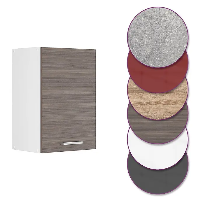Vicco Schrankküche R-Line Edelgrau - Edelgrau, Hängeschrank 40 cm - Hängender Küchenschrank mit weißem Rahmen und dunkelbrauner Holztür, plus einem Stapel Material-/Farbmuster.