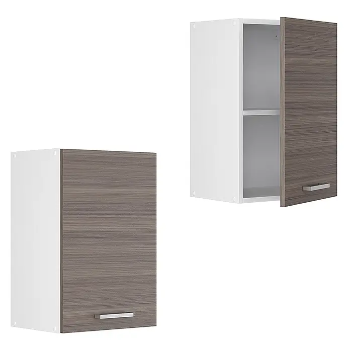 Vicco Schrankküche R-Line Edelgrau - Edelgrau, Hängeschrank 40 cm - Zwei Hängeschränke mit weißem Korpus und dunklen Holzmaserungstüren; einer ist offen und zeigt ein Regal.