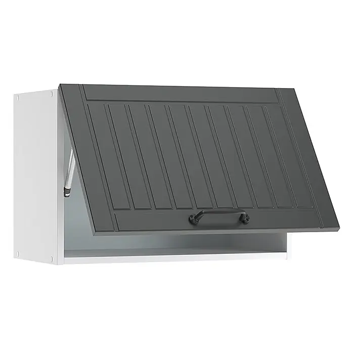 Vicco Schrankküche Fame-Line Anthrazit Landhaus Flach - Anthrazit Landhaus, Hängeschrank 60 cm (flach) - Dunkelgrauer geriffelter Hängeschrank mit weißem Korpus, teilweise geöffnet, von Gasfeder gestützt.