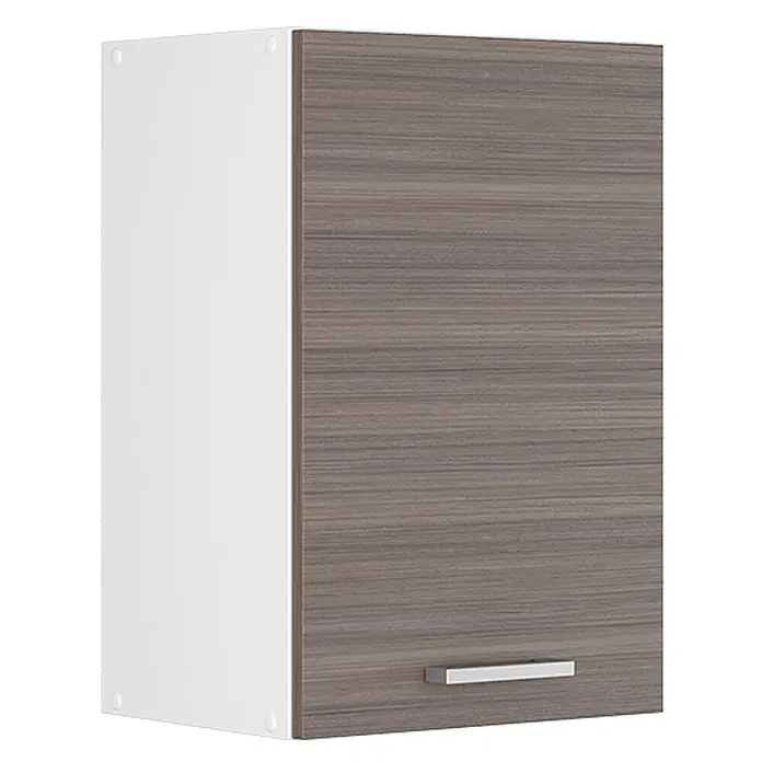 Vicco Schrankküche R-Line Edelgrau - Edelgrau, Hängeschrank 40 cm - Weißer Hängeschrank mit braun-grauer Holzmaserungstür und silbernem Griff.