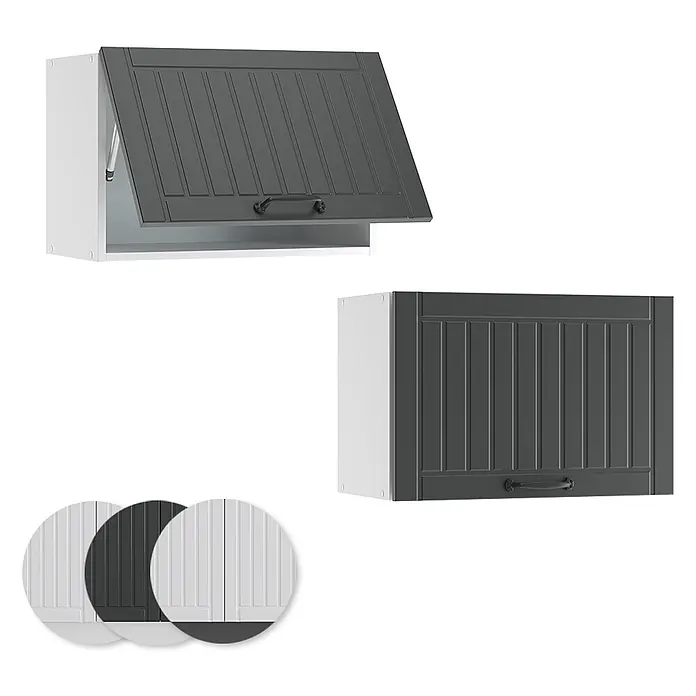 Vicco Schrankküche Fame-Line Anthrazit Landhaus Flach - Anthrazit Landhaus, Hängeschrank 60 cm (flach) - Grauer Lamellen-Wandschrank mit schwarzem Griff, offen und geschlossen gezeigt. Inklusive Farbmuster der Tür.