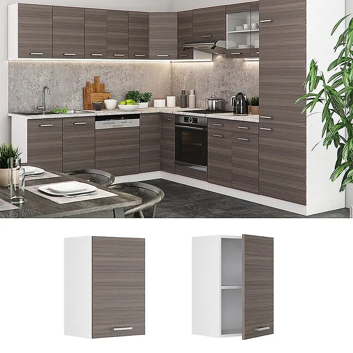 Vicco Schrankküche R-Line Edelgrau - Edelgrau, Hängeschrank 40 cm - Moderne Küche mit dunklen Holzmaserung-Schränken. Zwei Detailansichten zeigen einen Wandschrank, geschlossen & offen.