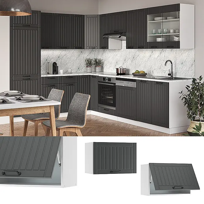 Vicco Schrankküche Fame-Line Anthrazit Landhaus Flach - Anthrazit Landhaus, Hängeschrank 60 cm (flach) - Moderne dunkelgraue gerippte Küchenschränke mit integrierten Geräten und weißer Arbeitsplatte in L-Form.