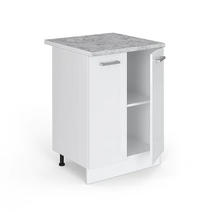Vicco Schrankküche R-Line Weiß Hochglanz, AP Marmor - Weiß Hochglanz, Unterschrank 60 cm, AP Marmor - Weißer zweitüriger Küchenunterschrank mit marmorierter Arbeitsplatte, eine Tür offen mit Regal.