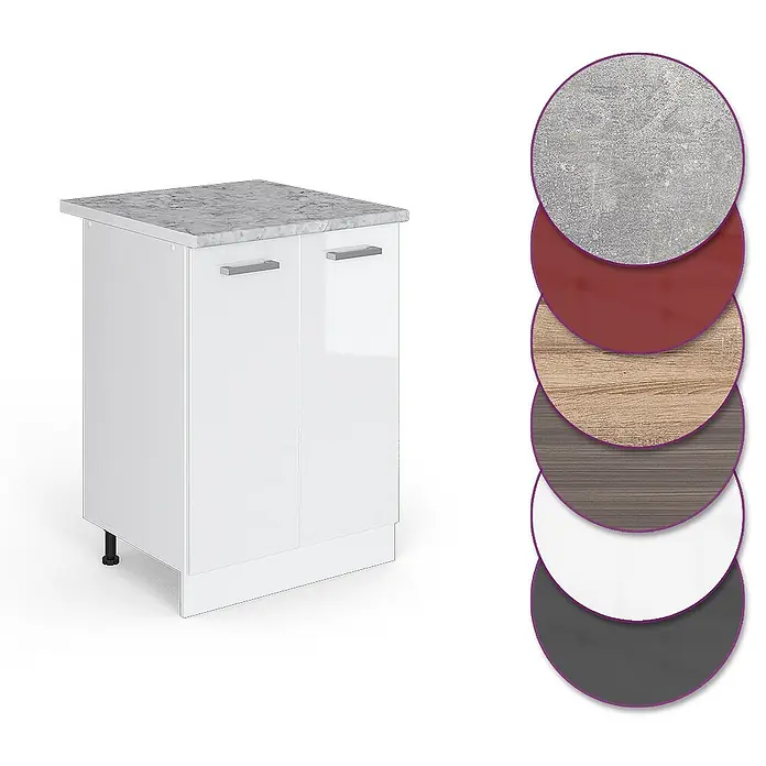 Vicco Schrankküche R-Line Weiß Hochglanz, AP Marmor - Weiß Hochglanz, Unterschrank 60 cm, AP Marmor - Weißer zweitüriger Schrank mit grauer Marmor-Arbeitsplatte und Materialmuster-Farbpalette.