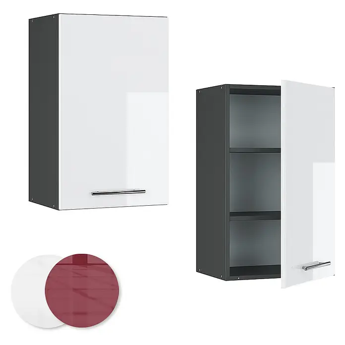 Vicco Schrankküche Fame-Line Weiß Hochglanz - Weiß Hochglanz, Hängeschrank 45 cm - Glänzender weißer und dunkelgrauer Wandschrank, geschlossen und offen gezeigt, mit Regalen. Inklusive weißer und roter austauschbarer Türproben.
