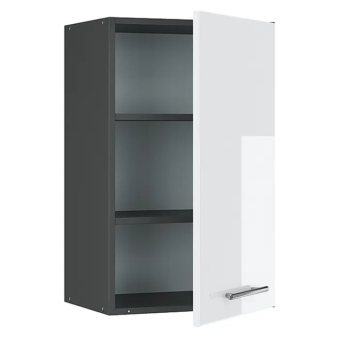 Vicco Schrankküche Fame-Line Weiß Hochglanz - Weiß Hochglanz, Hängeschrank 45 cm - Dunkelgrauer Wandschrank mit weißer, teilweise offener Tür, drei Einlegeböden und silbernem Griff.