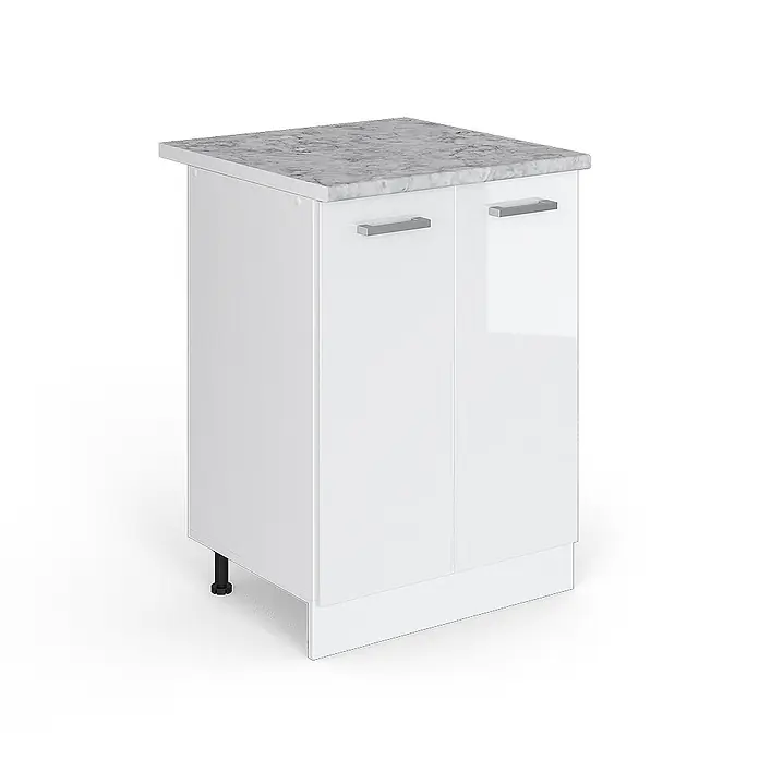 Vicco Schrankküche R-Line Weiß Hochglanz, AP Marmor - Weiß Hochglanz, Unterschrank 60 cm, AP Marmor - Weißer Hochglanz Küchenunterschrank mit grauer Marmor-Arbeitsplatte, zwei Türen und silbernen Griffen.