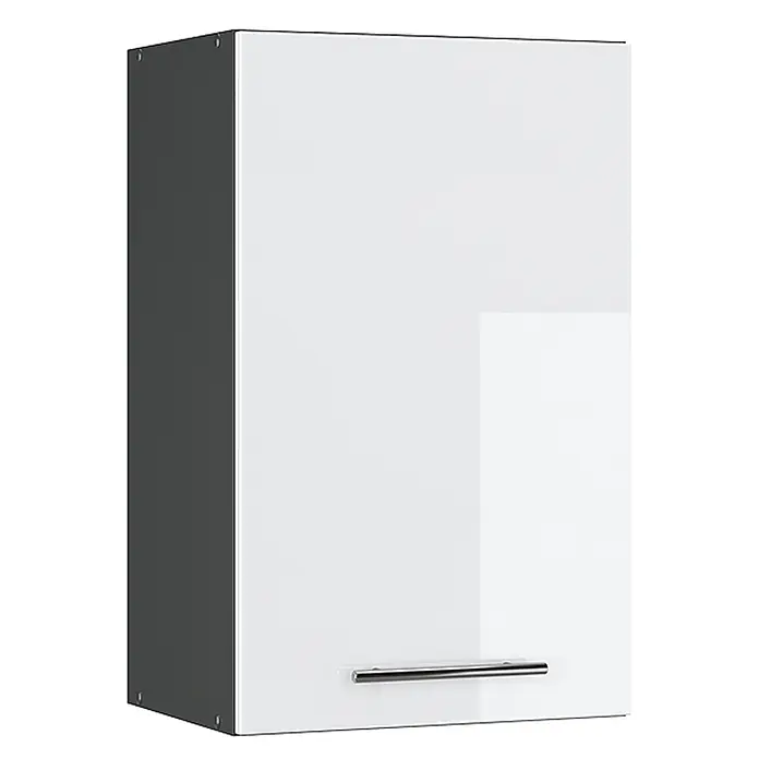 Vicco Schrankküche Fame-Line Weiß Hochglanz - Weiß Hochglanz, Hängeschrank 45 cm - Weißer Wandschrank mit glänzender Front, grauer Seite und silbernem Stangengriff.