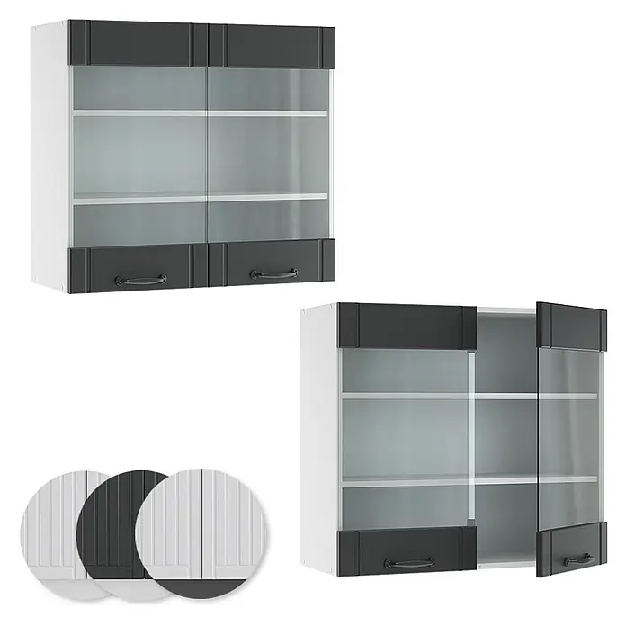 Vicco Schrankküche Fame-Line Anthrazit Landhaus - Dunkelgrau, Hängeglasschrank 80 cm - Weißer Küchenoberschrank mit dunkelgrauen Paneelen und Glastüren. Inkl. Farb-/Texturmuster.