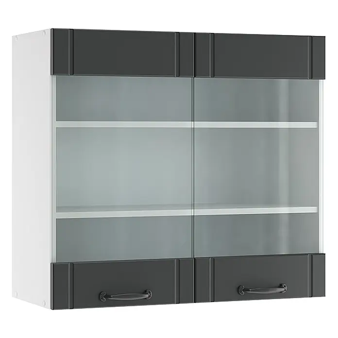 Vicco Schrankküche Fame-Line Anthrazit Landhaus - Dunkelgrau, Hängeglasschrank 80 cm - Weißer Hängeschrank mit dunkelgrauer Blende, zwei Glastüren, Einlegeböden und zwei unteren Schubladen.