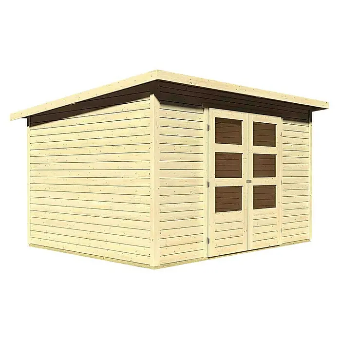 Karibu Gartenhaus Stockach 5 - Außenmaß inkl. Dachüberstand (B x T): 330 x 282 cm, Holz, Natur - Ein geräumiges Gartenhaus aus Holz mit Doppeltüren und Fenstern. Ideal für die Aufbewahrung von Gartengeräten oder als Hobbyraum.