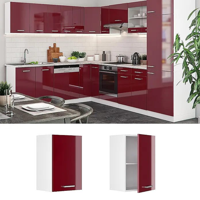 Vicco Schrankküche R-Line Rot Hochglanz - Rot Hochglanz, Hängeschrank 40 cm - Moderne Hochglanz-Rotküchenschränke mit weißen Elementen in einer zeitgemäßen Küche.