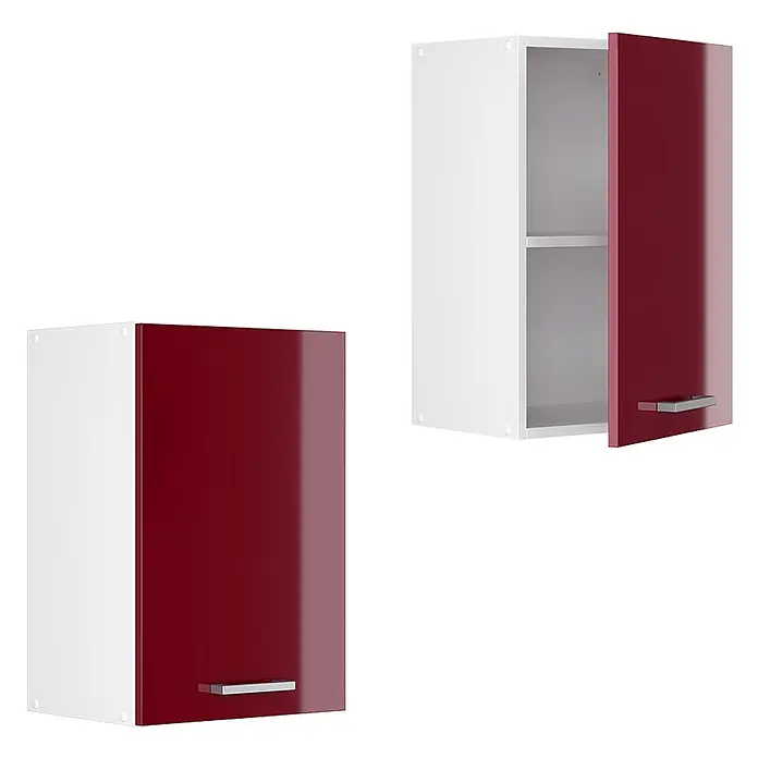 Vicco Schrankküche R-Line Rot Hochglanz - Rot Hochglanz, Hängeschrank 40 cm - Zwei Hängeschränke mit weißem Korpus und glänzenden roten Türen, silberne Griffe. Ein Schrank ist offen und zeigt Regalböden.