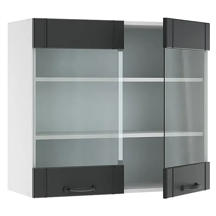 Vicco Schrankküche Fame-Line Anthrazit Landhaus - Dunkelgrau, Hängeglasschrank 80 cm - Weißer Wandschrank mit zwei mattierten Glastüren, dunkelgrauen Blenden und Griffen.