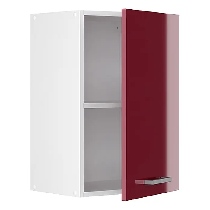 Vicco Schrankküche R-Line Rot Hochglanz - Rot Hochglanz, Hängeschrank 40 cm - Weißer Wandschrank mit glänzender roter Tür, teilweise geöffnet, zeigt Fach und silbernen Griff.