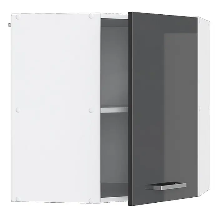 Vicco Schrankküche R-Line Anthrazit Hochglanz - Anthrazit Hochglanz, Eckhängeschrank 57 cm - Modernes Eckwandregal mit einer weißen und einer dunkelgrauen Tür, teilweise geöffnet mit sichtbaren Regalböden.
