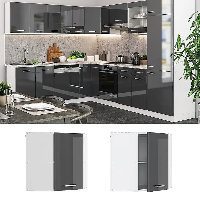 Vicco Schrankküche R-Line Anthrazit Hochglanz - Anthrazit Hochglanz, Eckhängeschrank 57 cm - Moderne Küchenzeile mit hochglanzgrauen Türen und weißen Rahmen. Inklusive Eck-Hängeschrank, offen und geschlossen gezeigt.