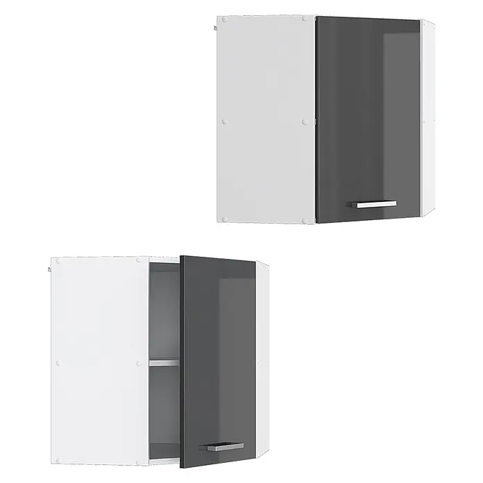 Vicco Schrankküche R-Line Anthrazit Hochglanz - Anthrazit Hochglanz, Eckhängeschrank 57 cm - Zwei weiß-dunkelgraue Wandschränke. Einer geschlossen, einer teilweise offen mit Regal. Silberne Griffe.