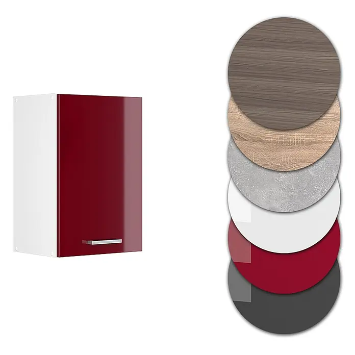 Vicco Schrankküche R-Line Rot Hochglanz - Rot Hochglanz, Hängeschrank 40 cm - Weißer Küchenschrank mit glänzender roter Tür. Farbmuster zeigen Holz, Beton, Weiß, Rot und Grau.