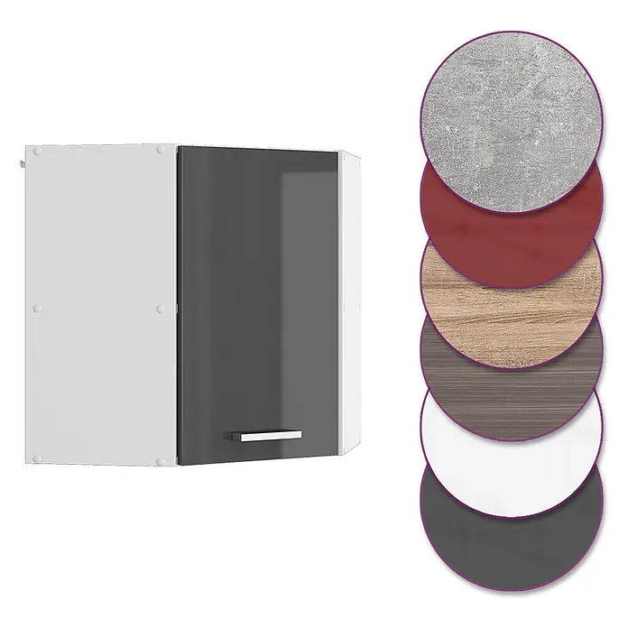 Vicco Schrankküche R-Line Anthrazit Hochglanz - Anthrazit Hochglanz, Eckhängeschrank 57 cm - Zweifarbiger Eck-Wandschrank (weiß/dunkelgrau) mit Farbmuster-Auswahl: Beton, Holz, Rot, Weiß, Grau.