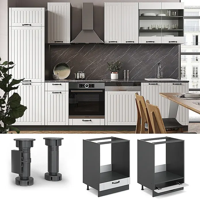 Vicco Schrankküche Fame-Line Weiß Landhaus, AP Eiche - Weiß Landhaus, Herdumbauschrank 60 cm, AP Eiche - Moderne Küche mit weißen geriffelten Schränken, dunklen Arbeitsplatten und integrierten Geräten. Modulare Unterschränke und verstellbare Sockelfüße sichtbar.
