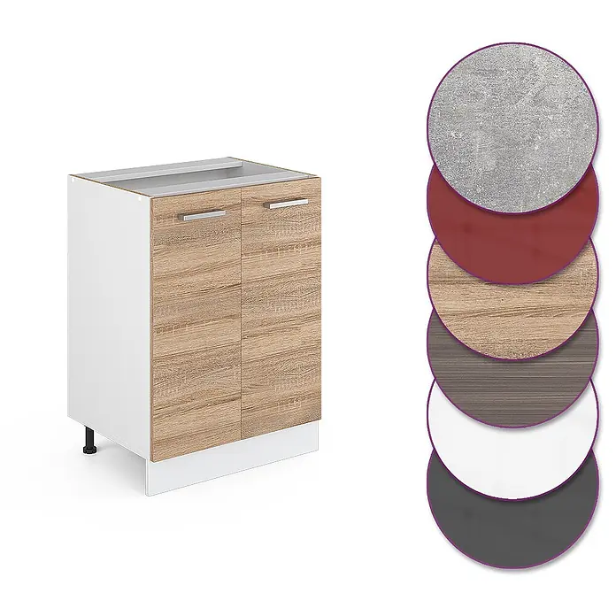 Vicco Schrankküche R-Line Sonoma ohne Arbeitsplatte - Sonoma, Unterschrank 60 cm - Weißer Küchenunterschrank mit hellen Holzmaserungstüren, Metallgriffen und einer Auswahl an Materialmustern.