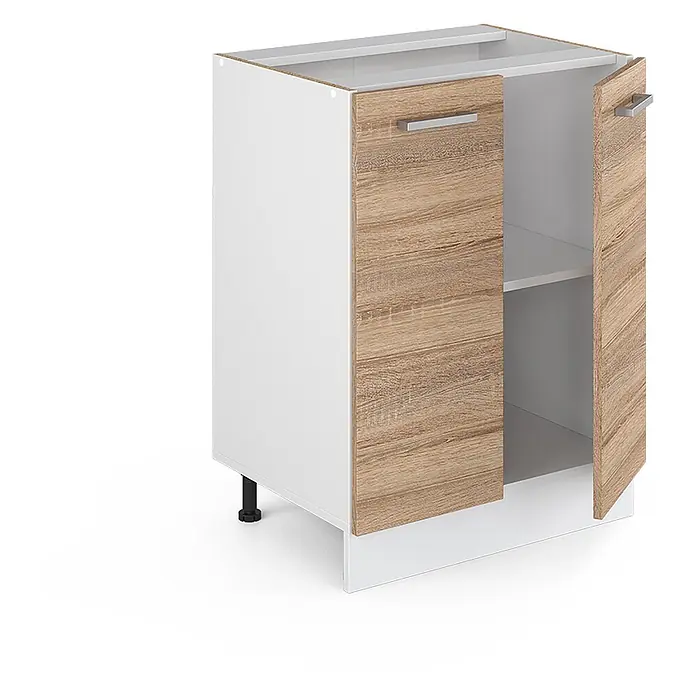 Vicco Schrankküche R-Line Sonoma, AP Eiche - Sonoma, Unterschrank 60 cm, AP Eiche - Weißer Küchenunterschrank mit Eicheneffekt-Türen, silbernen Griffen und einem Einlegeboden.