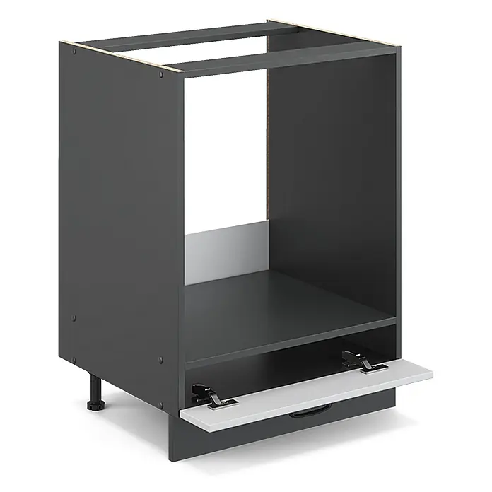 Vicco Schrankküche Fame-Line Weiß Landhaus, AP Eiche - Weiß Landhaus, Herdumbauschrank 60 cm, AP Eiche - Dunkelgrauer Küchenunterschrank mit offenem Geräteraum und unterer Auszugsblende.