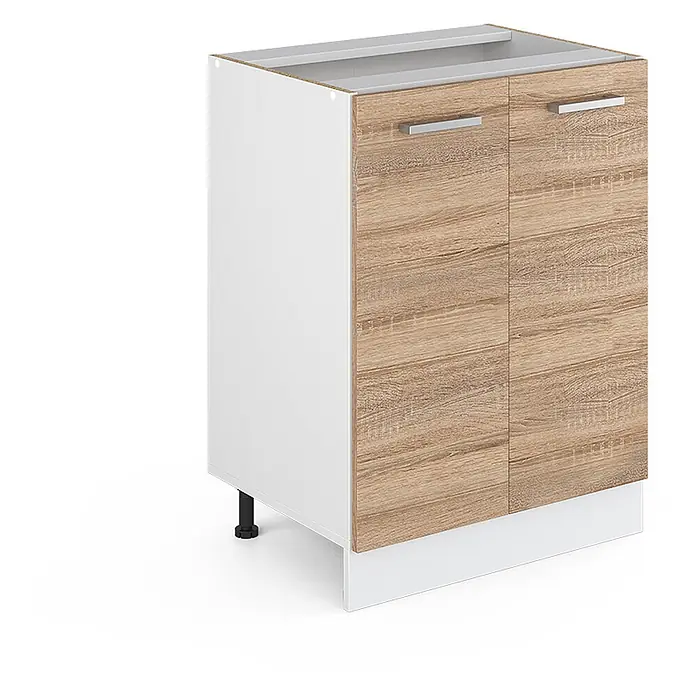 Vicco Schrankküche R-Line Sonoma ohne Arbeitsplatte - Sonoma, Unterschrank 60 cm - Weißer Küchenunterschrank mit zwei Türen in heller Holzoptik, silbernen Griffen und verstellbaren Füßen.