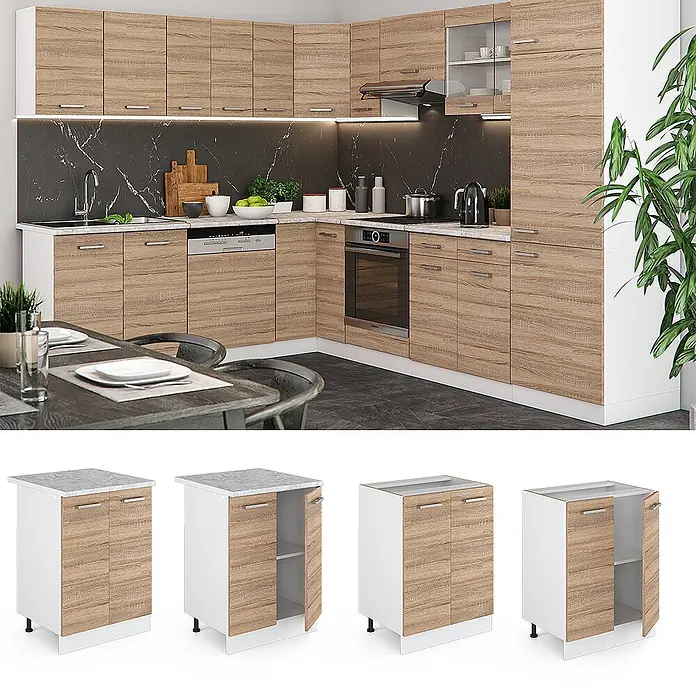 Vicco Schrankküche R-Line Sonoma, AP Eiche - Sonoma, Unterschrank 60 cm, AP Eiche - Modernes L-förmiges Küchenset in Holzoptik und Weiß, mit dunkler Arbeitsplatte.