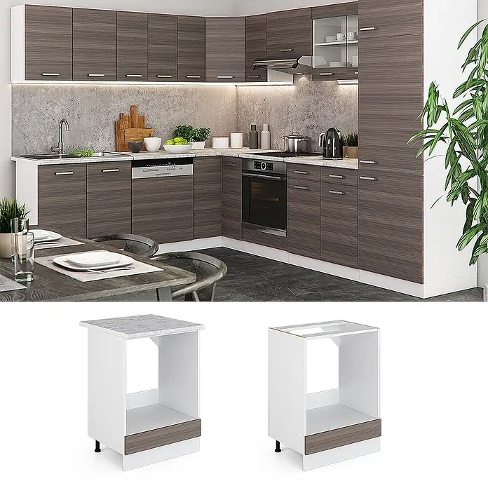 Vicco Schrankküche R-Line Edelgrau, AP Marmor - Edelgrau, Herdumbauschrank 60 cm, AP Marmor - Moderne Küche in dunkler Holzoptik mit weißen Arbeitsplatten und integrierten Geräten. Unterschränke für Geräte sind unten abgebildet.
