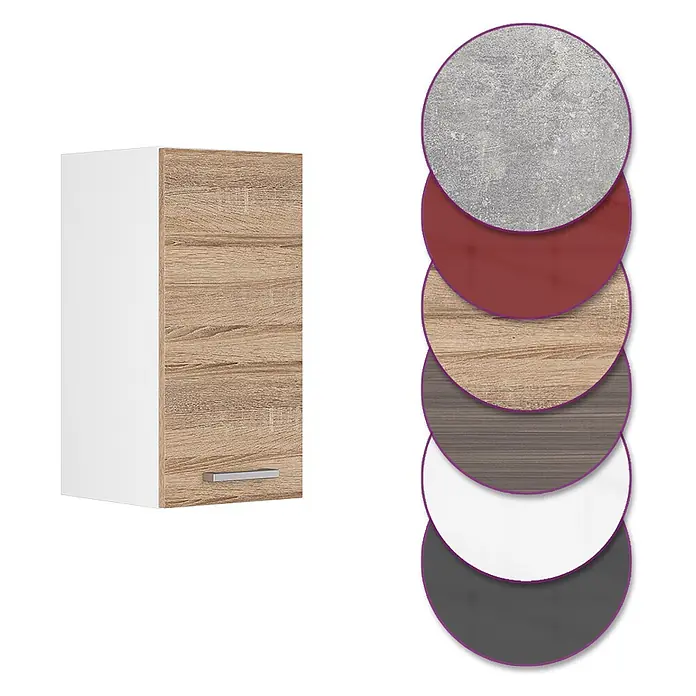 Vicco Schrankküche R-Line Sonoma - Sonoma, Hängeschrank 30 cm - Wandschrank mit heller Holzoptik-Tür und weißem Korpus, Materialoptionen zeigend.