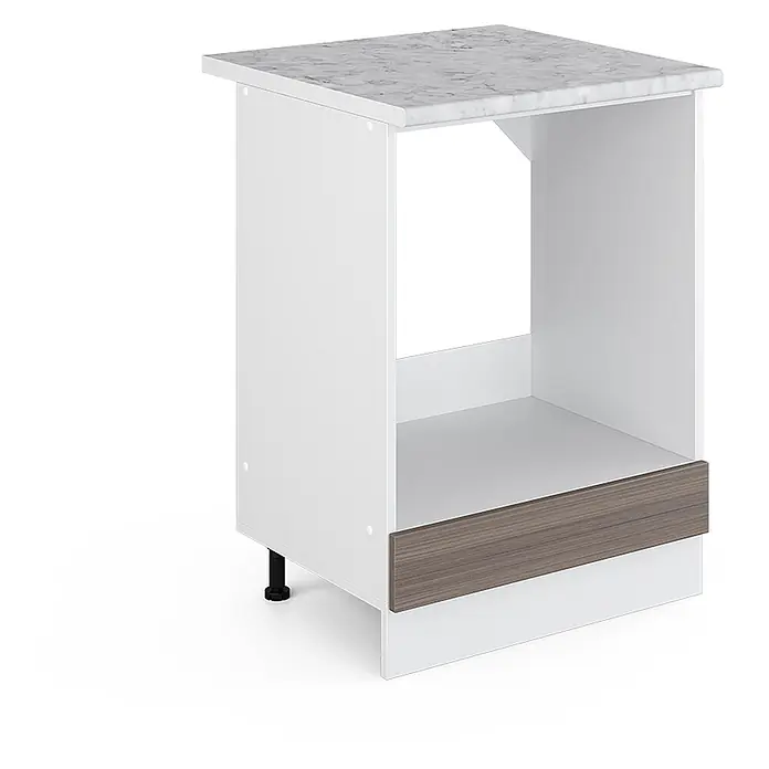 Vicco Schrankküche R-Line Edelgrau, AP Marmor - Edelgrau, Herdumbauschrank 60 cm, AP Marmor - Weißer Küchenunterschrank mit Marmoroptik-Arbeitsplatte, dunkler Holzmaserung und offenem Fach.