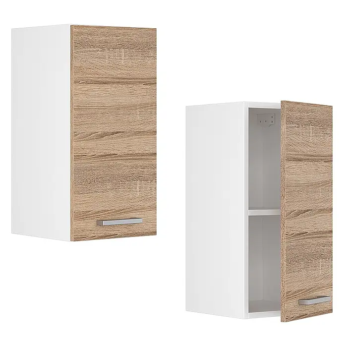 Vicco Schrankküche R-Line Sonoma - Sonoma, Hängeschrank 30 cm - Weißer Wandschrank mit heller Eichenoptik-Tür, silbernem Griff und Innenregal. Geschlossen und offen gezeigt.