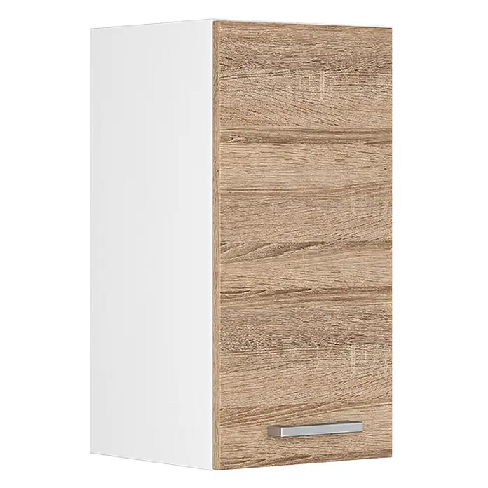 Vicco Schrankküche R-Line Sonoma - Sonoma, Hängeschrank 30 cm - Weißer Wandschrank mit heller Holzmaserungstür und silbernem Griff.