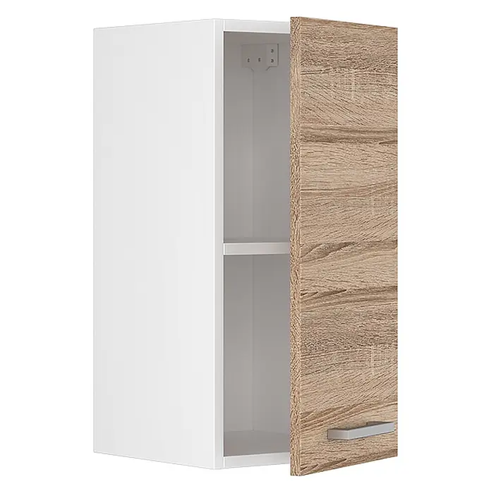 Vicco Schrankküche R-Line Sonoma - Sonoma, Hängeschrank 30 cm - Weißer Wandschrank mit leicht geöffneter Holztür, zeigt weiße Innenablage und silbernen Griff.